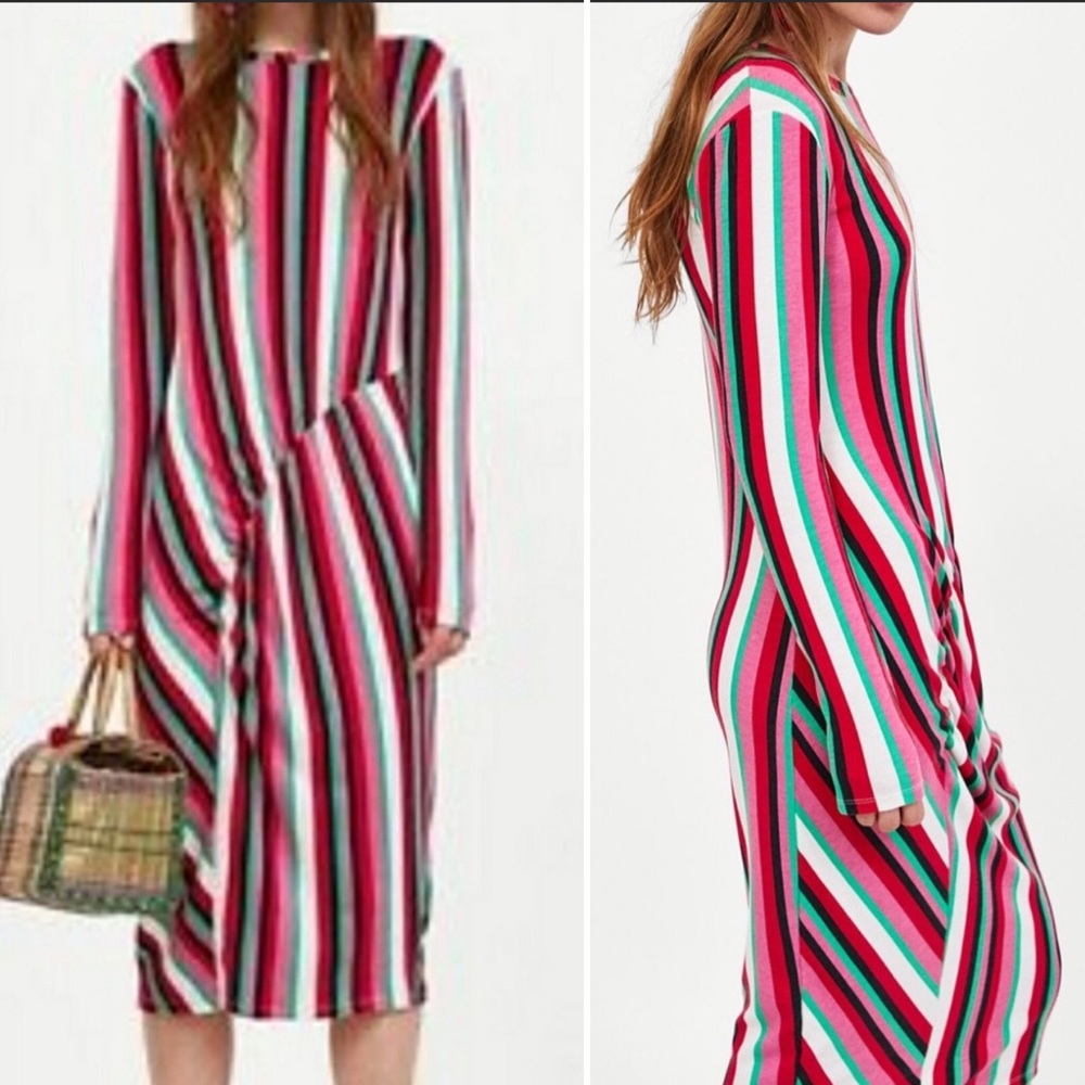 Zara Striped Multicolored Pink Longsleeve Dress